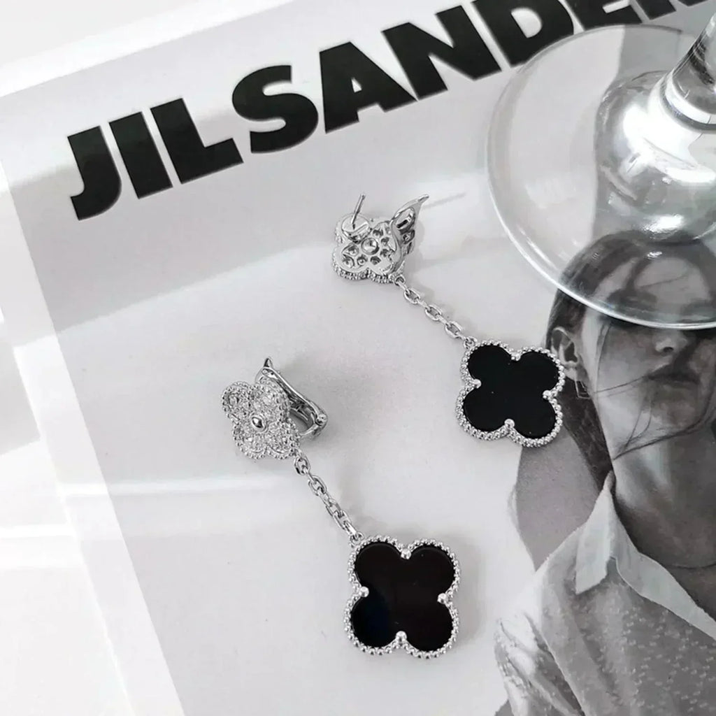 ¡®Imperial¡¯CLOVER 2 MOTIFS  DIAMOND ONYX EARRINGS SILVER