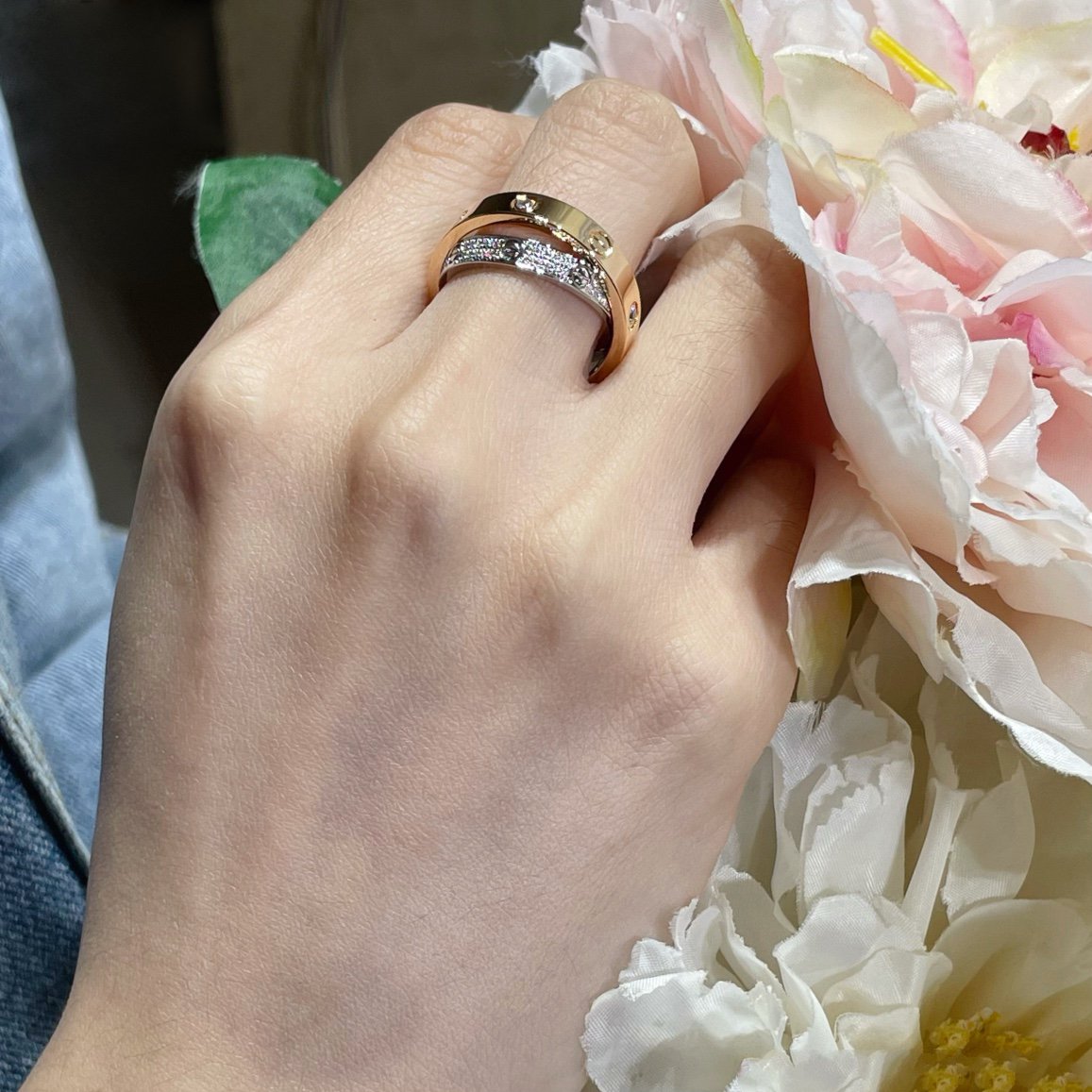 ¡®Imperial¡¯LOVE PINK GOLD SILVER DIAMOND DOUBLE RING