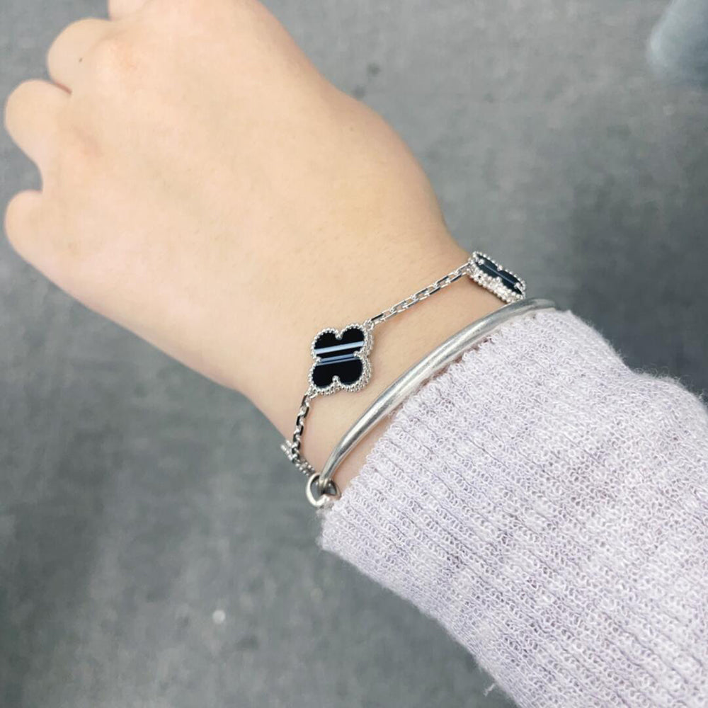 ¡®Imperial¡¯CLOVER 5 MOTIF VEINED ONYX BRACELET SILVER